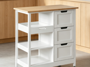 Small Solid Wood Top Kitchen Island Trolley on Wheels, Oak and White, 3-Drawer Cabinet, Portable Serving Storage