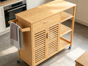 Natural Bamboo Mobile Kitchen Island Cart with Drawer, 2-Door Cupboard, 3-Tier Shelves and Towel Rack