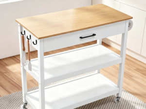 White 3-Tier Rolling Kitchen Island Cart with Bamboo Tabletop, Drawer, Detachable Towel Bar and 3 Hooks